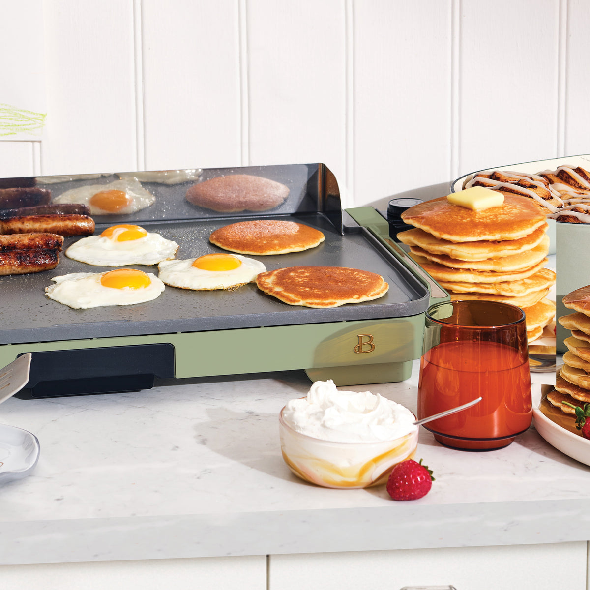 Beautiful XL Electric Griddle 12" x 22" with EverGood Ceramic Nonstick Coating, Thyme Green by Drew Barrymore