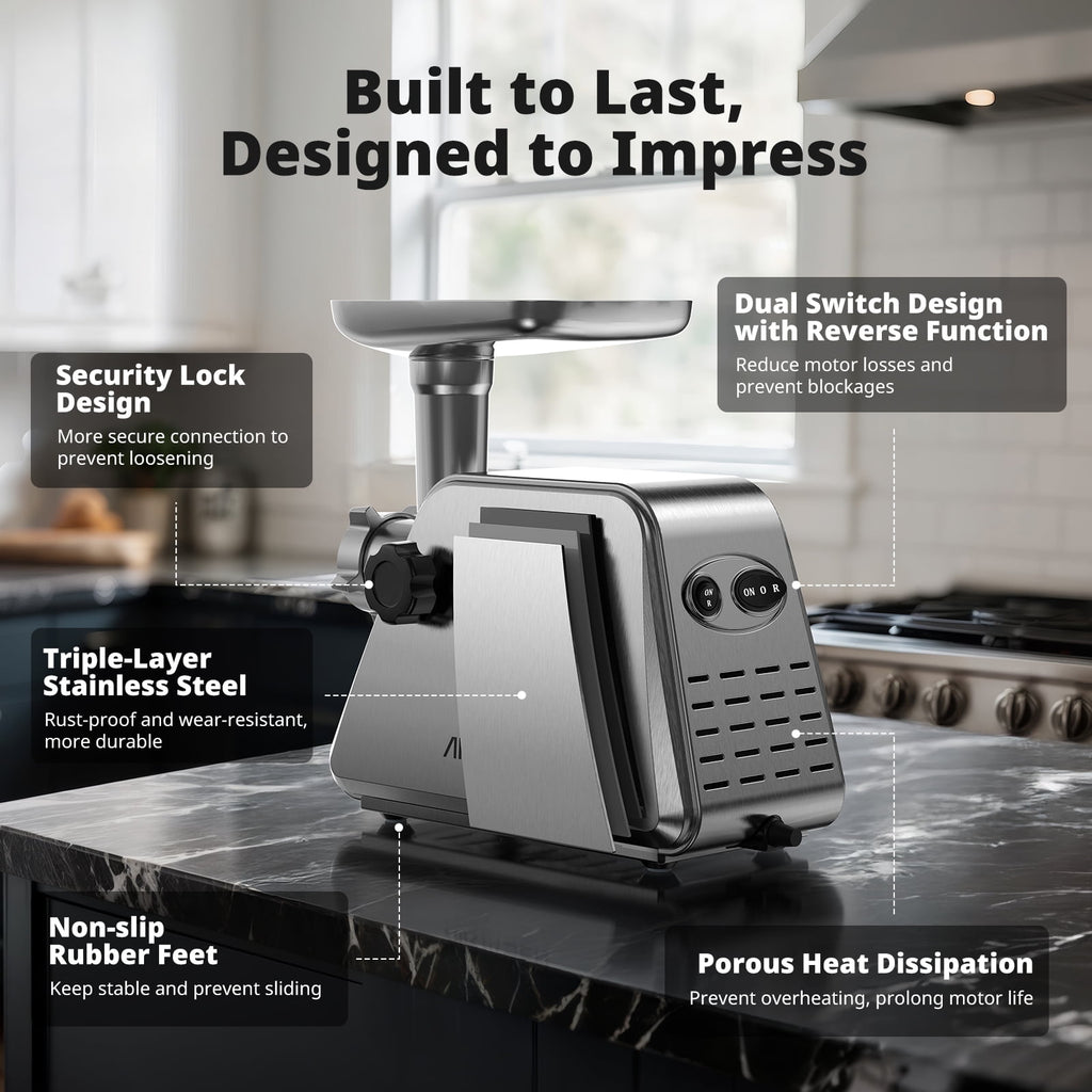 AIRMSEN Stainless Steel Meat Grinder, Electric 3 in 1 Meat Mincer with 2 Blades & 3 Plates, Sausage & Kubbe Maker Kit, Fixed Lock, Double Switch, Food Grinder for Home Kitchen Use