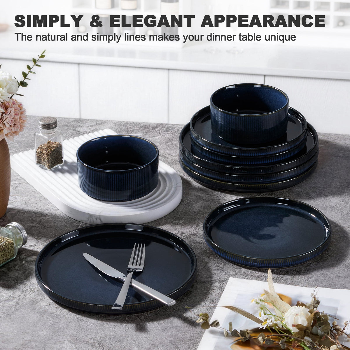 Vesteel 12 Pieces Dinnerware Set for 4, Premium Stoneware Ribbed Dishes, Chip & Scratch Resistant Plates and Bowls Set for Home Restaurant, Microwave and Dishwasher Safe - Speckled White