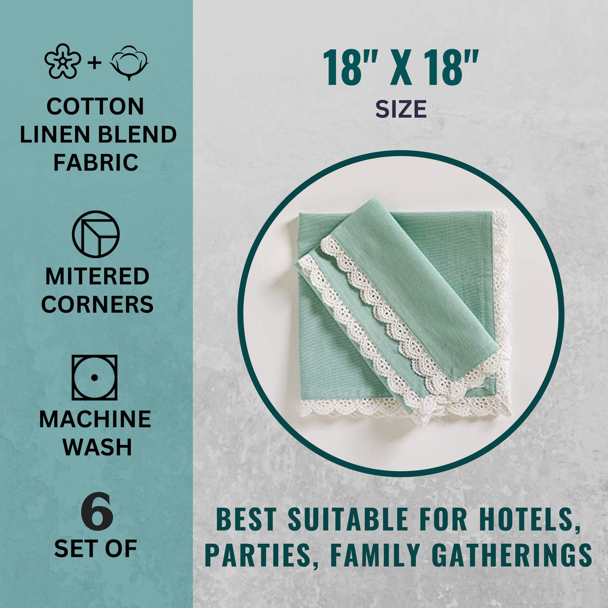 Fingercraft Cloth Napkin, Soft Quality Cotton Linen Blend Fabric, Dinner Napkins with Premium White Lace, 6 Pack, 20”x20” Aqua