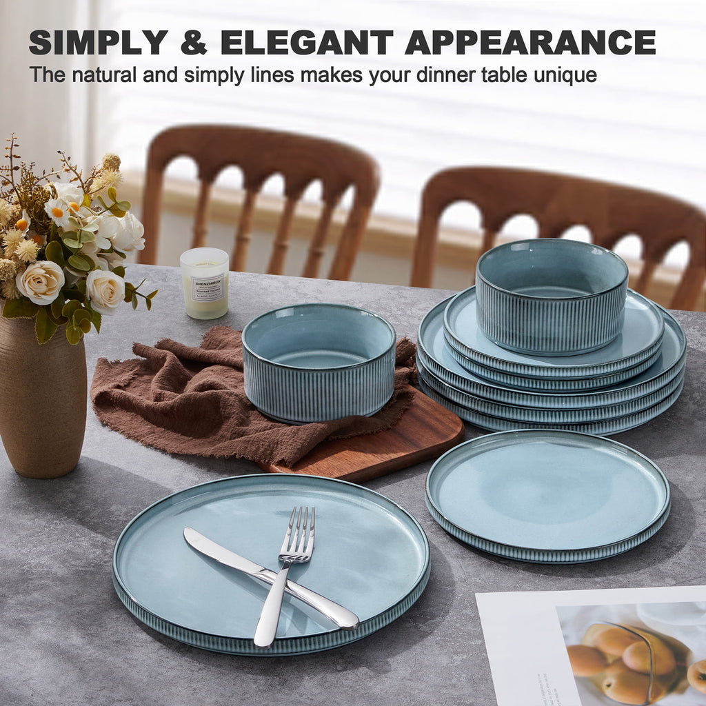 Vesteel 12 Pieces Dinnerware Set for 4, Premium Stoneware Ribbed Dishes, Chip & Scratch Resistant Plates and Bowls Set for Home Restaurant, Microwave and Dishwasher Safe - Speckled White