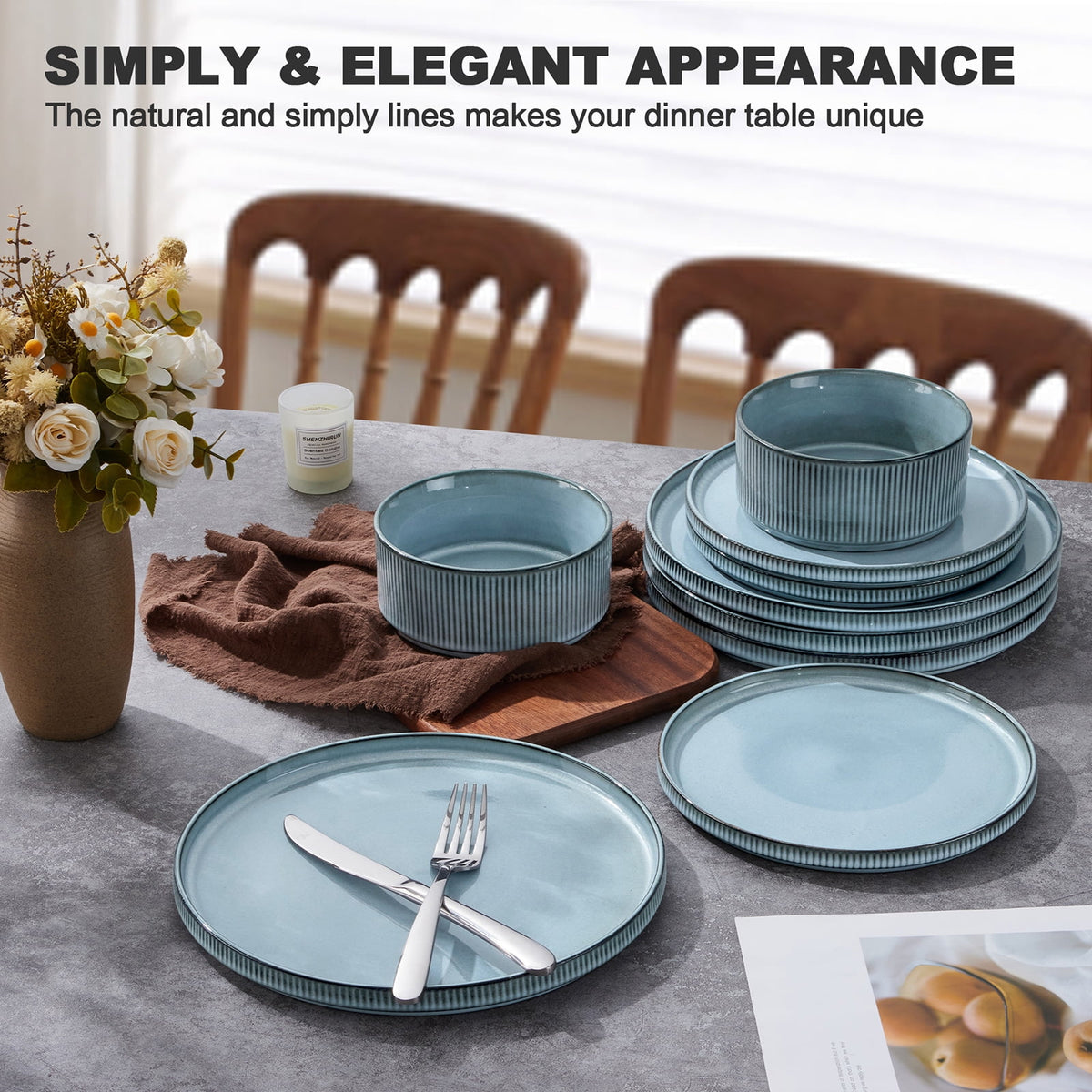 Vesteel 12 Pieces Dinnerware Set for 4, Premium Stoneware Ribbed Dishes, Chip & Scratch Resistant Plates and Bowls Set for Home Restaurant, Microwave and Dishwasher Safe - Speckled White