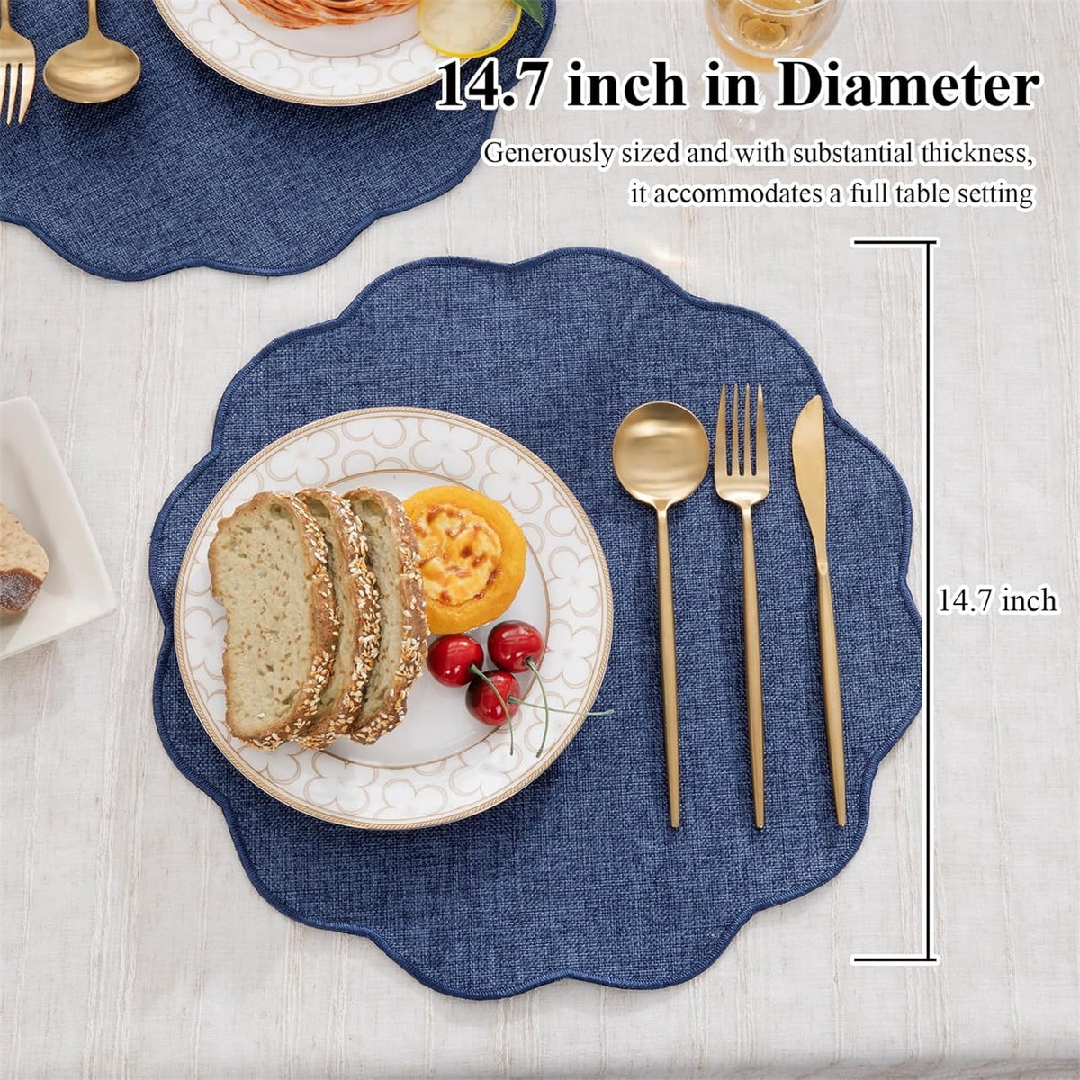 Ileading Scalloped Round Placemats Set of 6 Polyester Linen Blend Washable Non Slip Place Mats Easy Clean Heat Resistant Table Mats for Kitchen Dining Table Decor