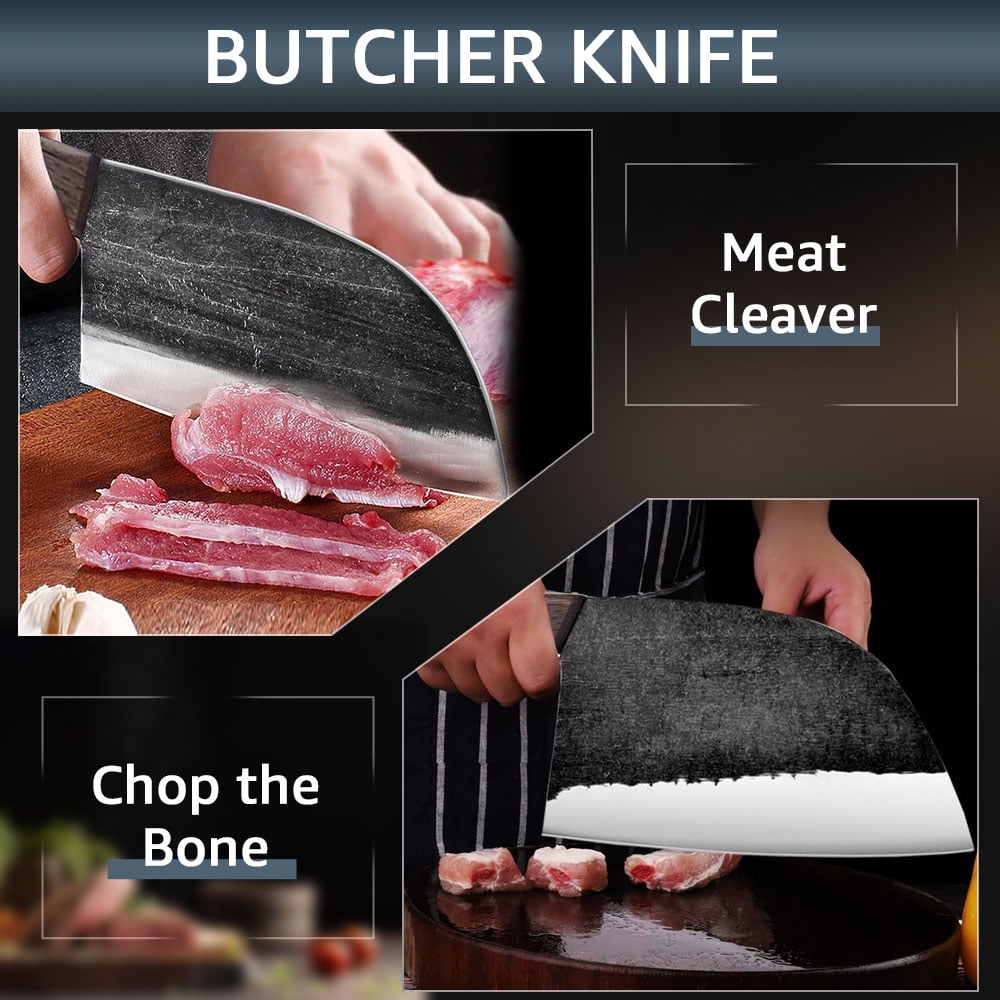 7-inch Meat Clever Knife Heavy Duty Butcher Knife High Carbon Steel Cutting Carving Knife Chef's,Chopping Knife with Leather,for Camping Hunting Outdoor
