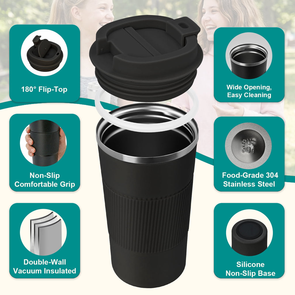 Vaparinckl Travel Coffee Mug, 17 oz Stainless Steel Vacuum Insulated Coffee Tumbler with Lid, Reusable Cup for Hot & Cold Drinks, Black