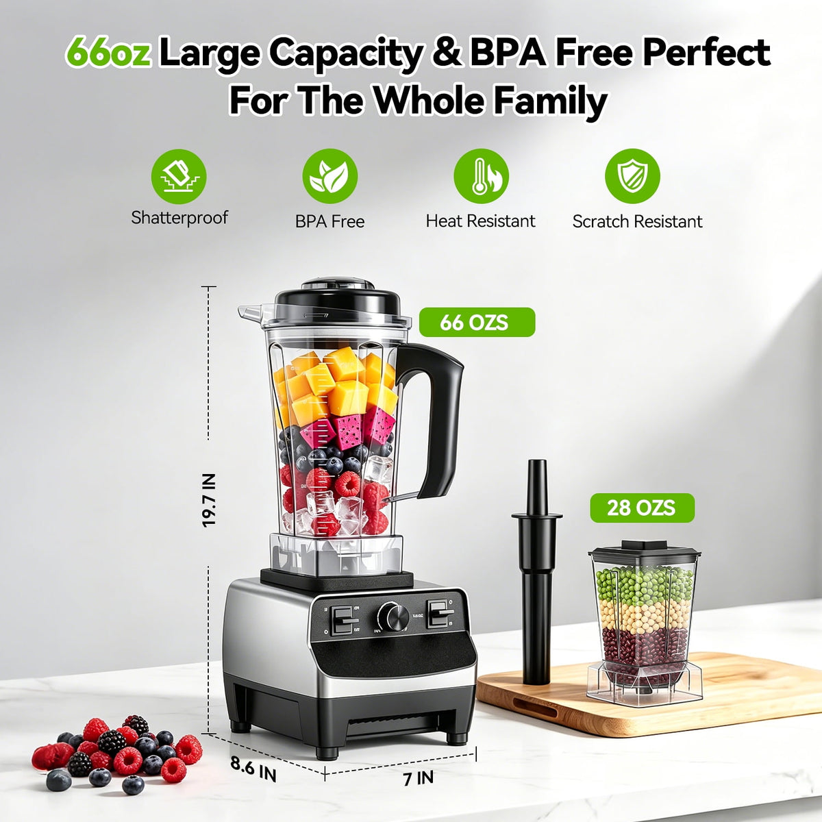 TINANA 66oz Countertop Blender with 28oz Grinder Cup, 8-Edge Blades, Variable Speed, Pulse, BPA-Free Pitcher