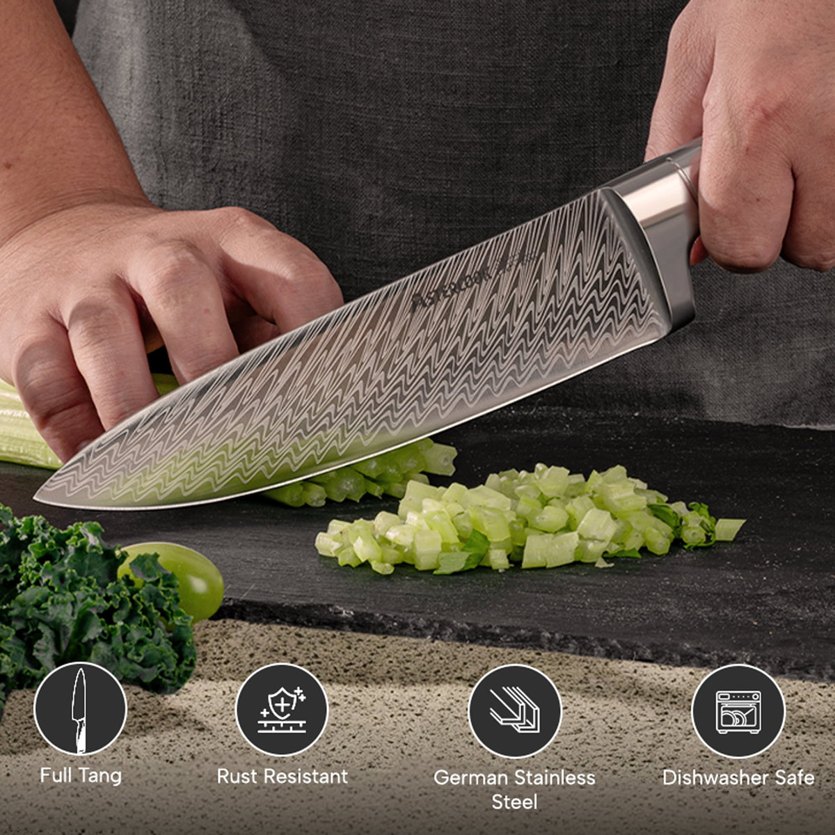 Astercook 14 Piece Kitchen Knife Set with Block and Built-in Sharpener, Full Tang Knives Sets German Stainless Steel, Dishwasher Safe Silver