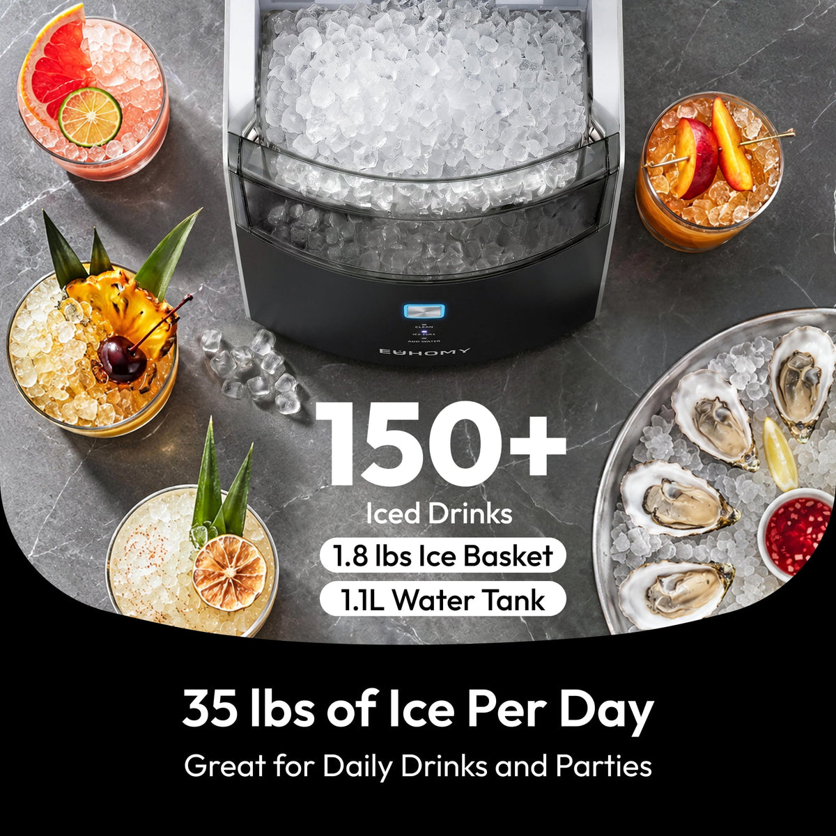 EUHOMY Countertop Nugget Ice Maker, 35lbs/24H Chewable Ice Machine, Self-Cleaning, Quiet Operation, Portable for Home, Office, Bar & RV, Black