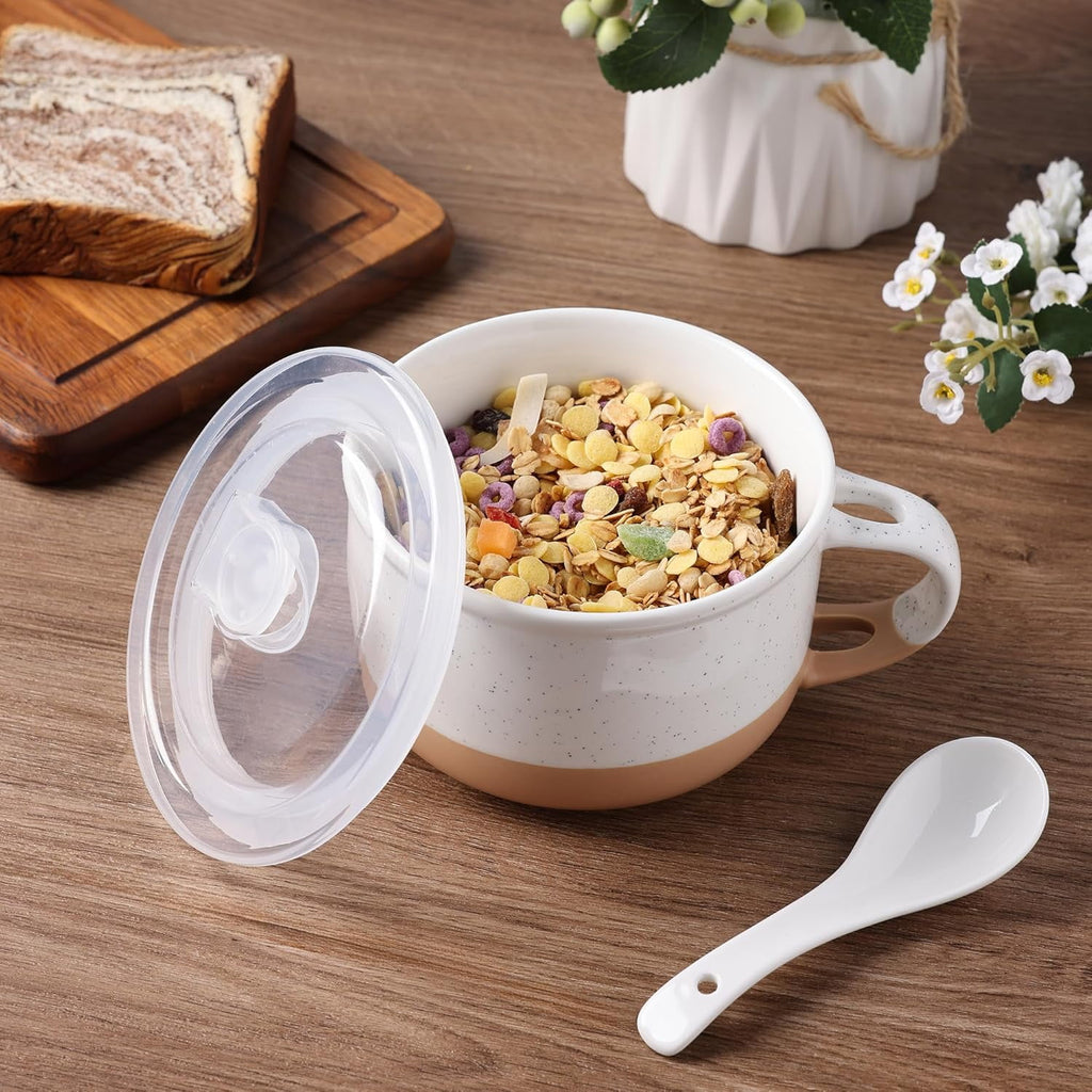 AmorArc Ceramic Soup Mugs with Handles and Lids,24 OZ Soup Cups Set of 2 with Terracotta Underside,Mug Bowls with Spoon for Soup/Cereal/Salad/Noodles/Ramen/Microware &Dishwasher Safe-White &Peach