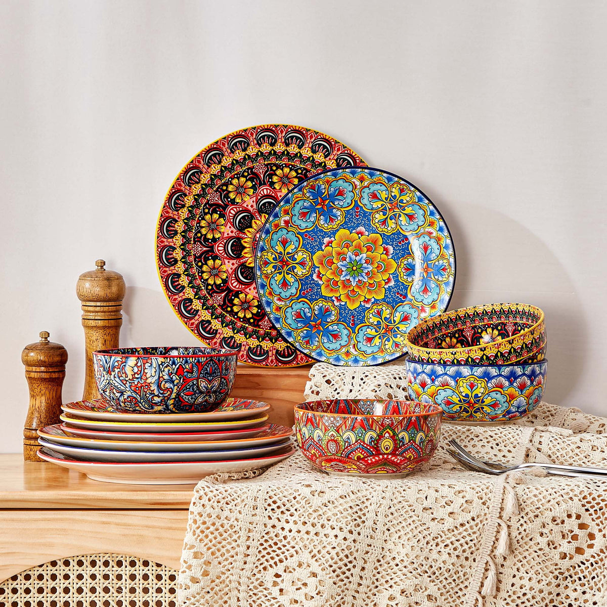 Vancasso Dinnerware Set, Porcelain Plates and Bowls Set for 4, 12 Pieces Ceramic Boho Dish Set for Kitchen, Dishwasher and Microwave Safe, Series LUMI