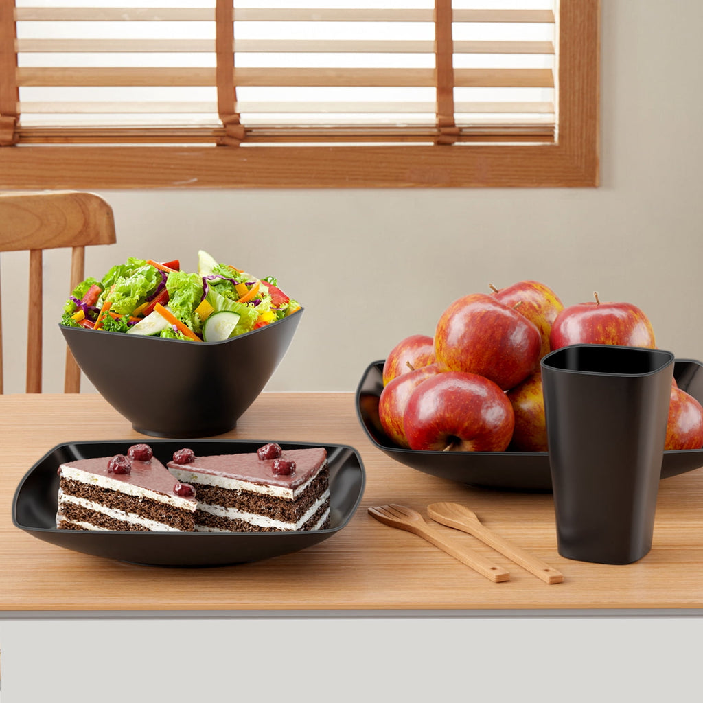 TINANA Wheat Straw Dinnerware Sets, Service for 4, 16 PCS Unbreakable Plastic Dinnerware, Dishwasher Microwave Safe - Black