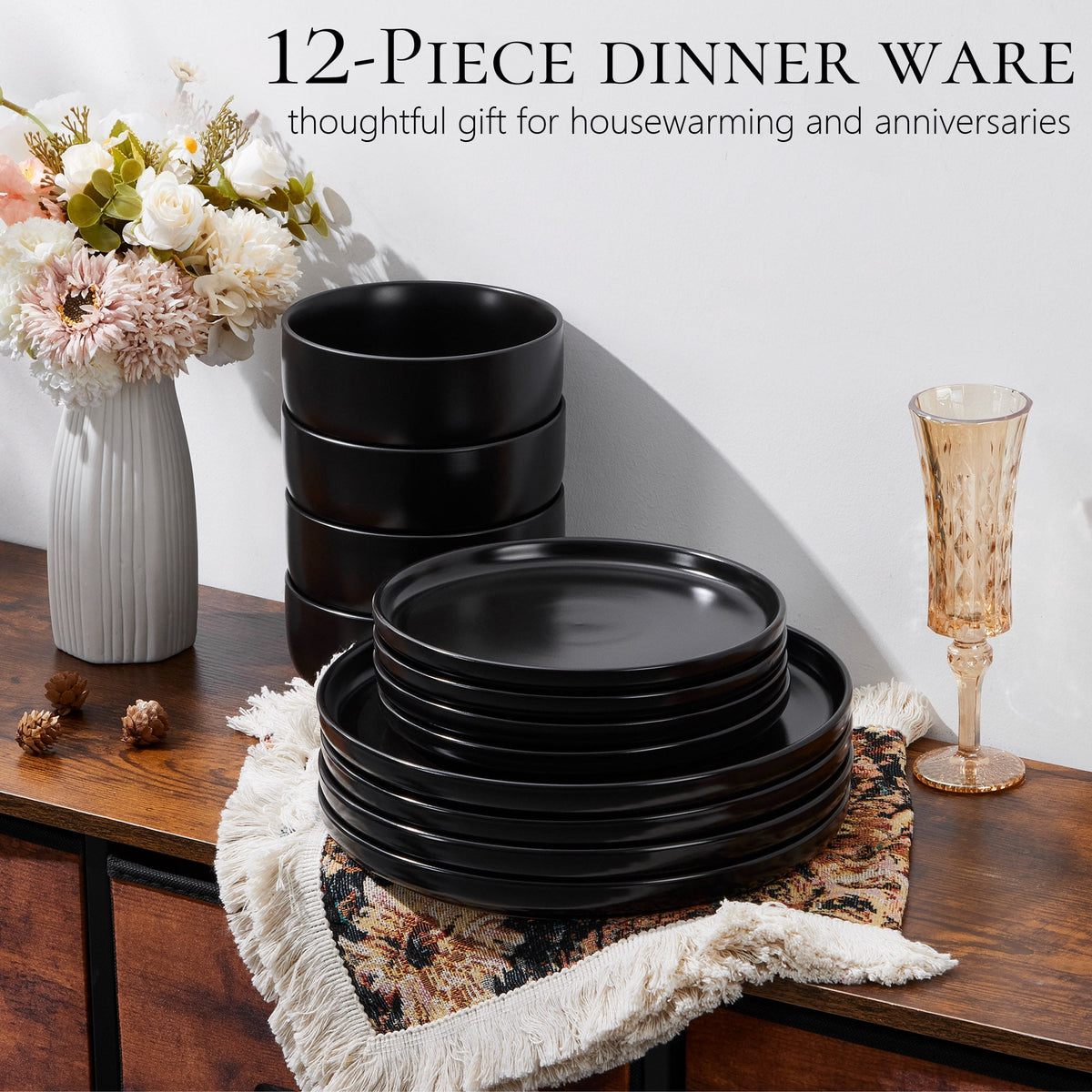 Vesteel Dinnerware Sets for 4, 12-Piece Stoneware Dish and Bowls Set, Handmade Reactive Glaze Coupe Plates Set for Family, Chip & Scratch Resistant - Matte Black