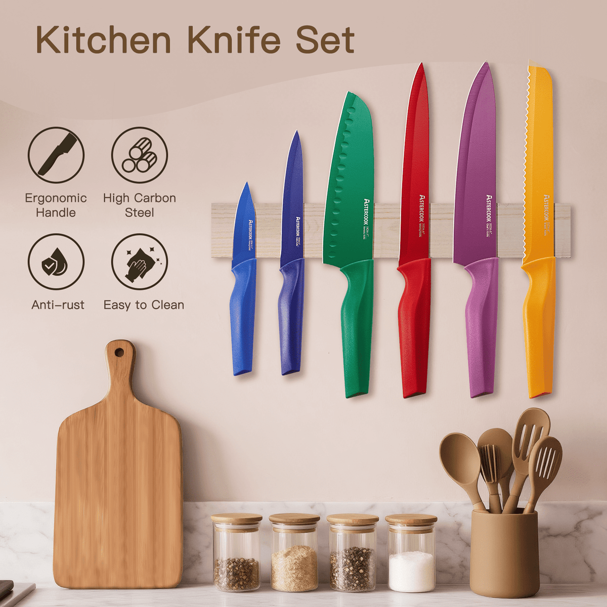 Astercook 6 Piece Flower Kitchen Knife Set, German High Carbon Stainless Steel Knives Sets with 6 Blade Guards Dishwasher Safe, Perfect Gifts for Kitchen