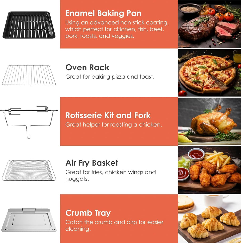 Kitchen in the Box 32QT Digital Air Fryer Toaster Oven Combo, 21-in-1 Convection Oven with Rotisserie & Dehydrate, Family-Size Countertop Oven with 6 Accessories, 1800W, Black