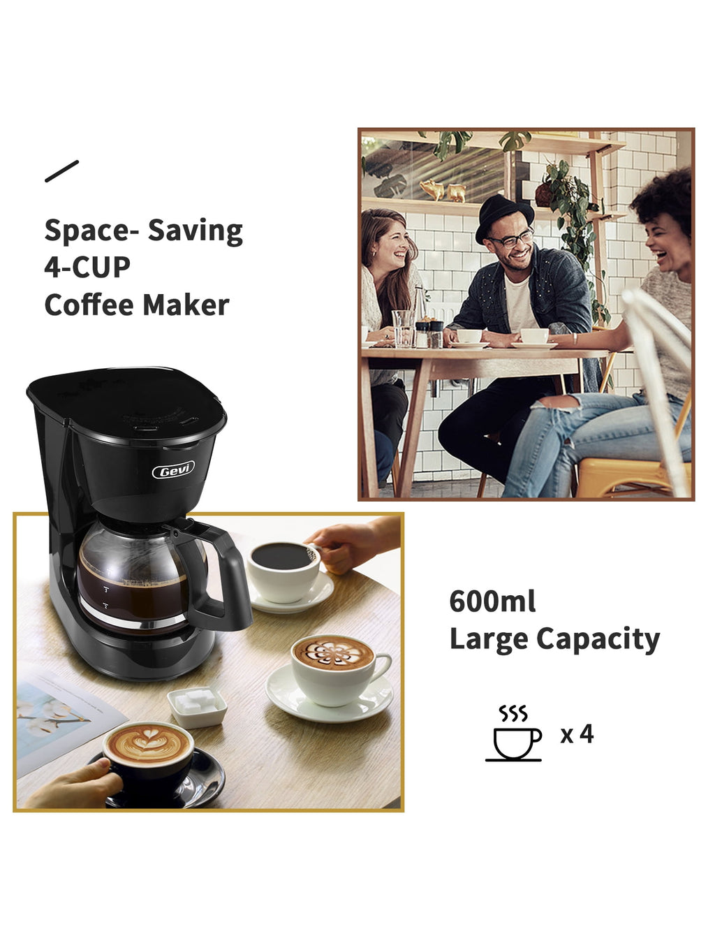 Gevi 4-Cup Compact Drip Coffee Maker with Reusable Filter & Warming Plate, Black