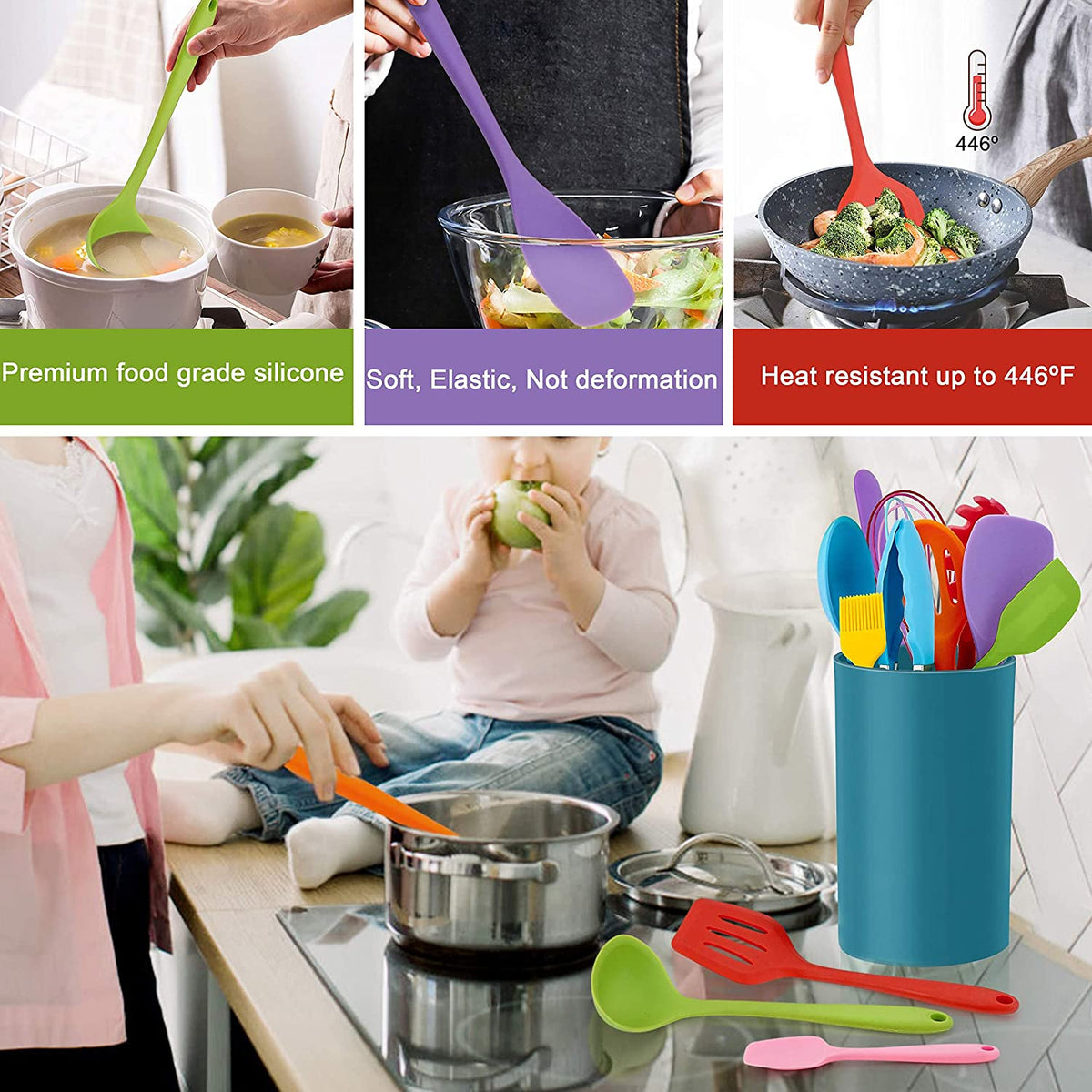 Walchoice 14 Pcs Cooking Utensils Set with Holder, Heat Resistant Silicone Kitchen Cookware Utensils Set, Kitchen Cooking Tools Includes Spatula Spoon Turner Whisk Tong, Dishwasher safe, Red