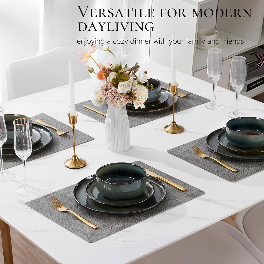 Vesteel Dinnerware Sets for 4, 12-Piece Stoneware Dish and Bowls Set, Handmade Reactive Glaze Coupe Plates Set for Family, Chip & Scratch Resistant - Matte Black