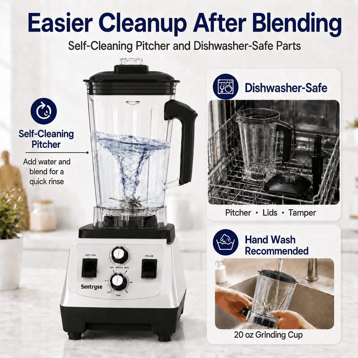 Sentryse Blender for Kitchen, 1800W Countertop Smoothie Blender with 68 oz Pitcher & 20 oz Grinding Cup, 28000 RPM Kitchen Blender for Ice Crushing, Frozen Drinks, Milkshakes and Sauces