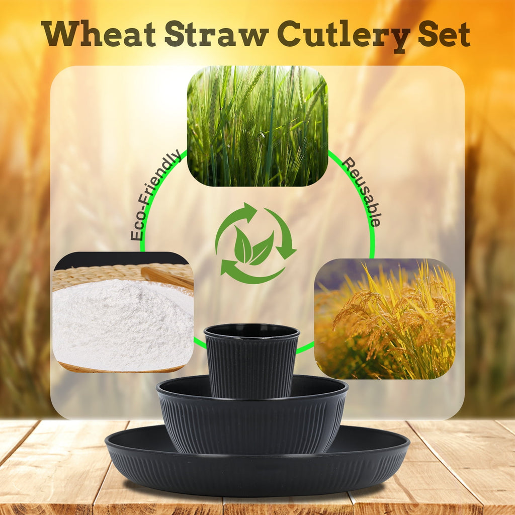 Soulgenix Wheat Straw Dinnerware Sets 18 Pcs, Dinnerware Sets for 6, Unbreakable Microwave Safe, Black