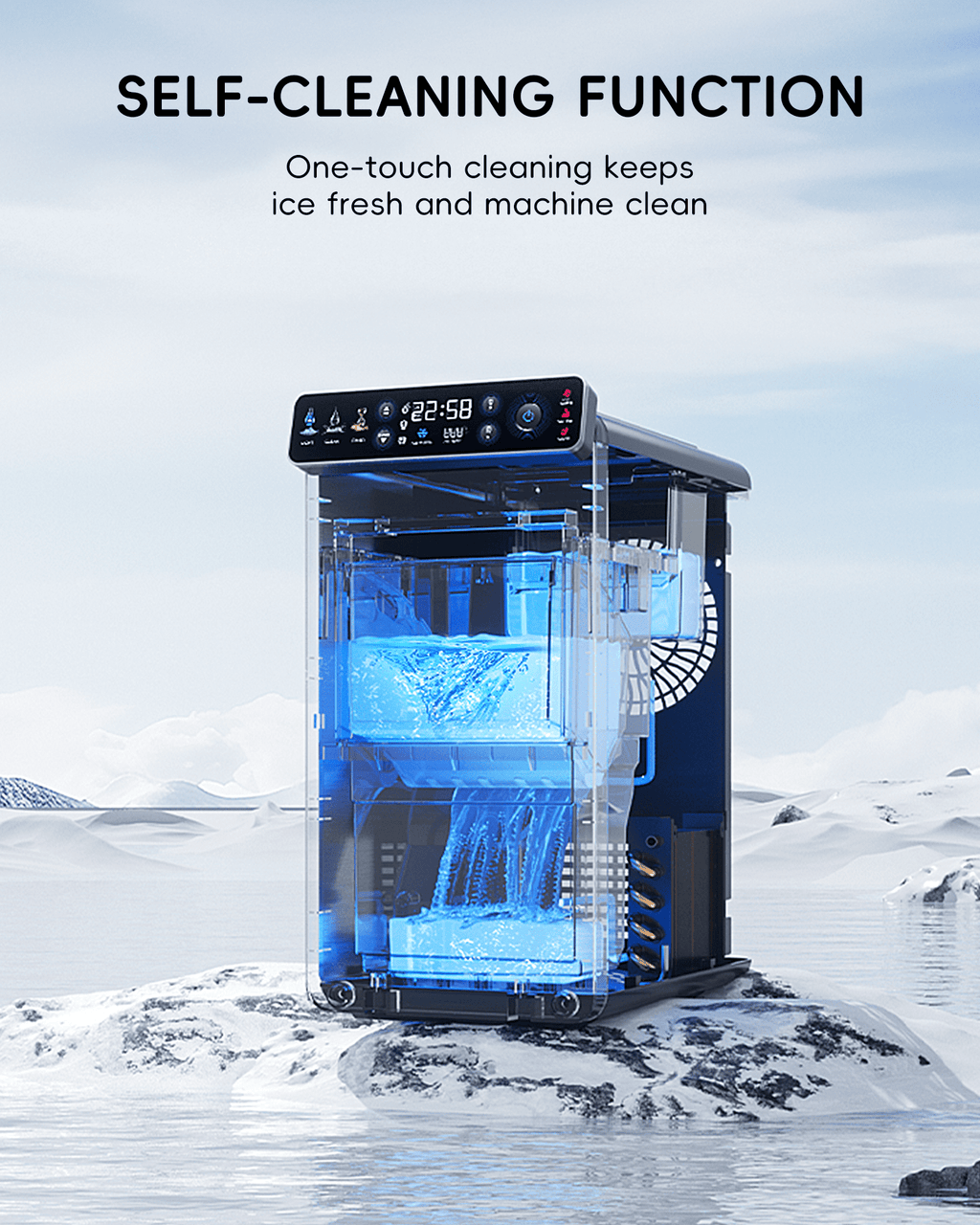 Ecozy Chillio Countertop Ice Maker, Smart Ice Machine with Full-Color Display Panel and Built-in Lighting, Produces 26lbs/24H, Dual-Layer Insulation