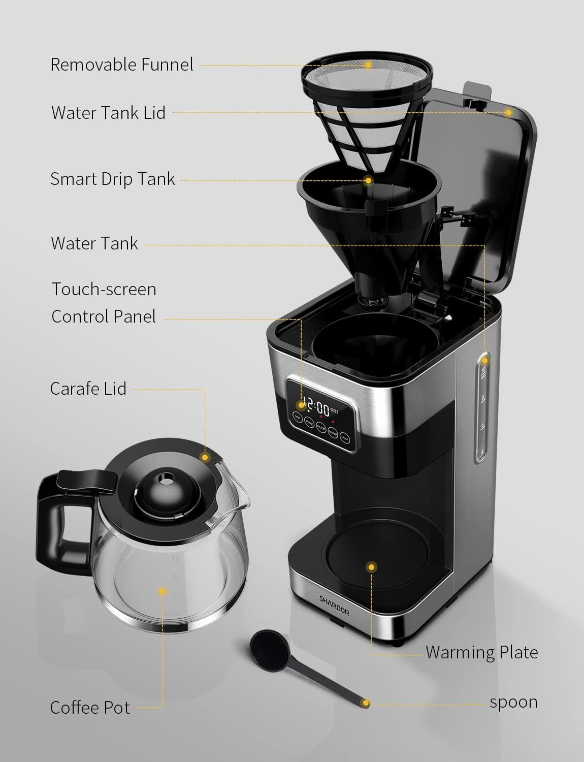 8-Cup Programmable Coffee Maker with Thermal Carafe, Touch Screen Timer, Auto Shut off & Pause-Serve Feature, Strong Brew Option, Stainless Steel & Black
