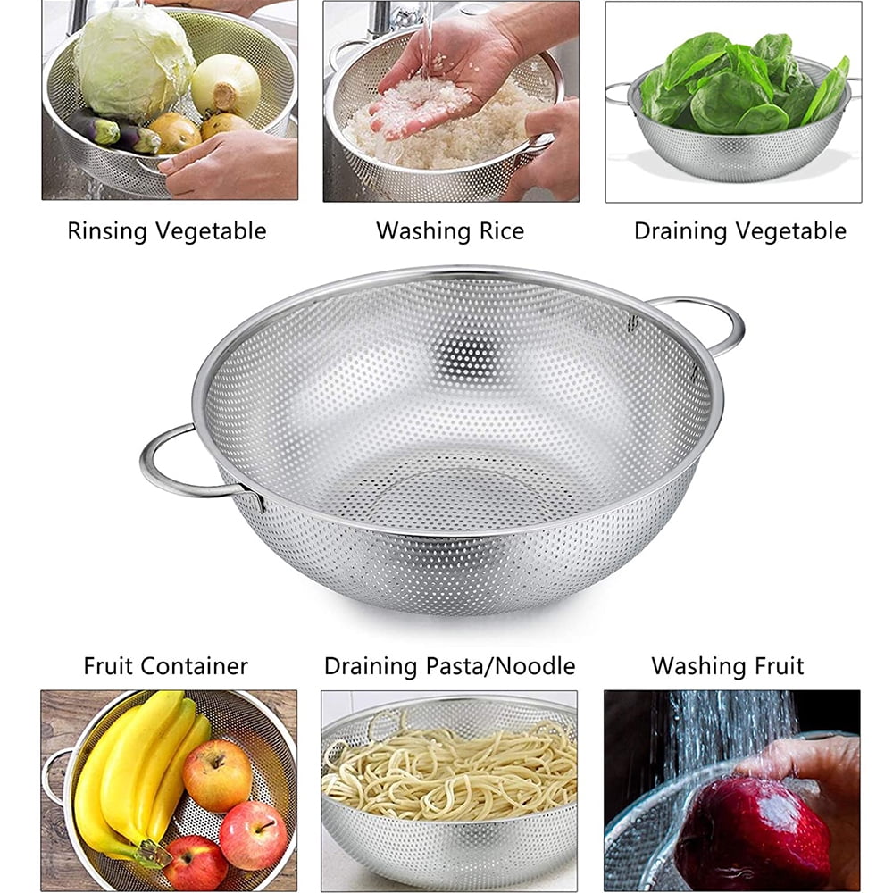 VeSteel Colander Set of 3, Stainless Steel Micro-Perforated Colanders Strainers for Draining Rinsing Washing, Ideal for Pasta Vegetables Fruits, Heavy Duty & Dishwasher Safe - 1/3/5 Quart