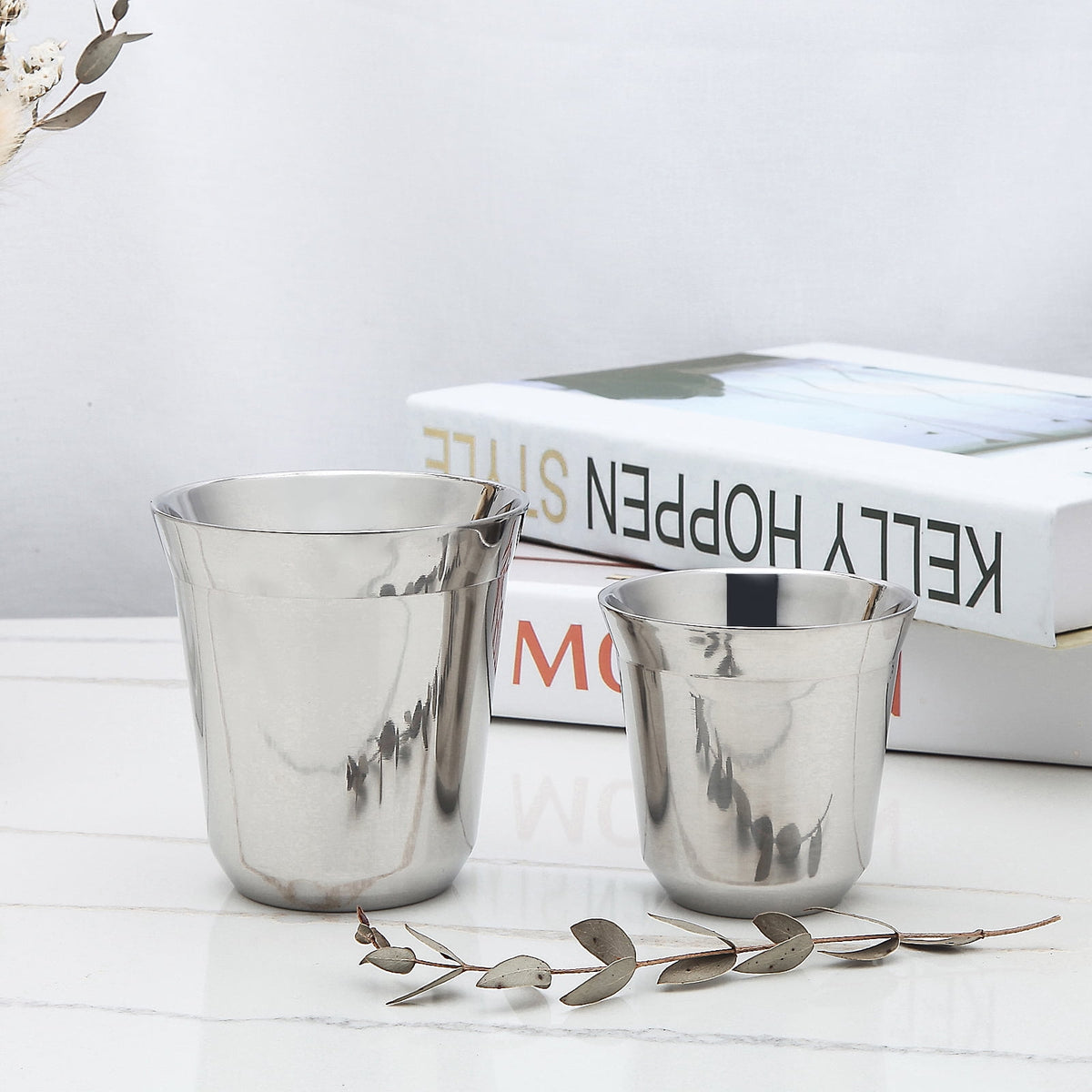 Easyworkz Stainless Steel Espresso Cup 2pcs-Set Double Wall Insulated Demitasse Cups, 2.5 oz Chrome