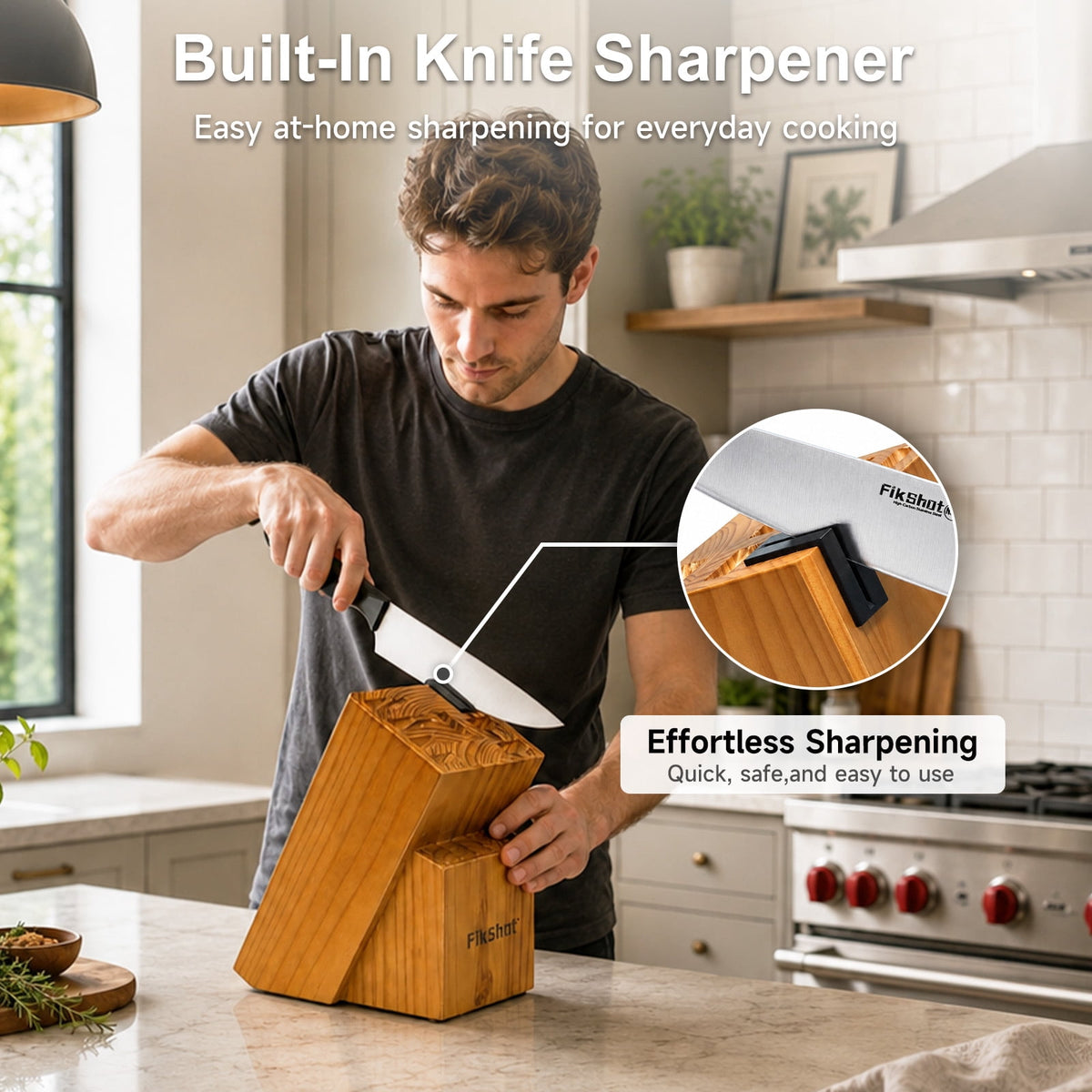 Knife Set with Block and Sharpener, High Carbon Stainless Steel Chef Knife block Set for Kitchen（15 PCS Pro Black）