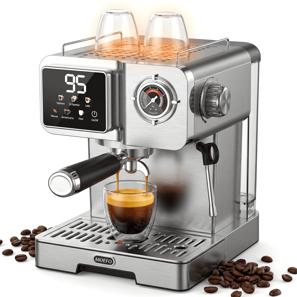 MOEFO 58mm Espresso Machine with Milk Frother, Semi Automatic Coffee Maker with Touchscreen LCD Display & Pressure Gauge, Stainless Steel Espresso Maker for Latte, Cappuccino and Americano, Silver