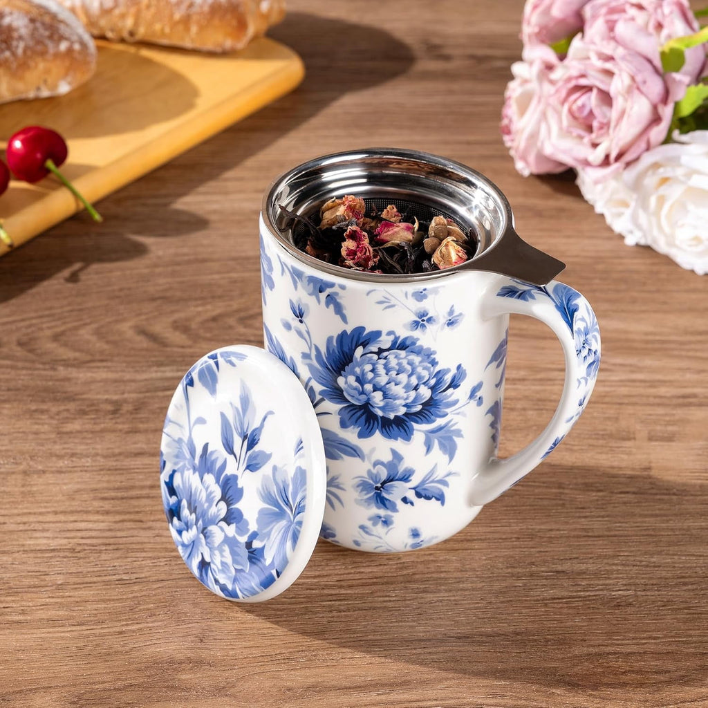 AmorArc Porcelain Tea Mug with Infuser and Lids, 18 Oz Cup Strainer Bag Holder for Loose Leaf Tea, Steeping Coffee Well-wrapped Box House-warming Wedding Birthday Gift, YelloRed