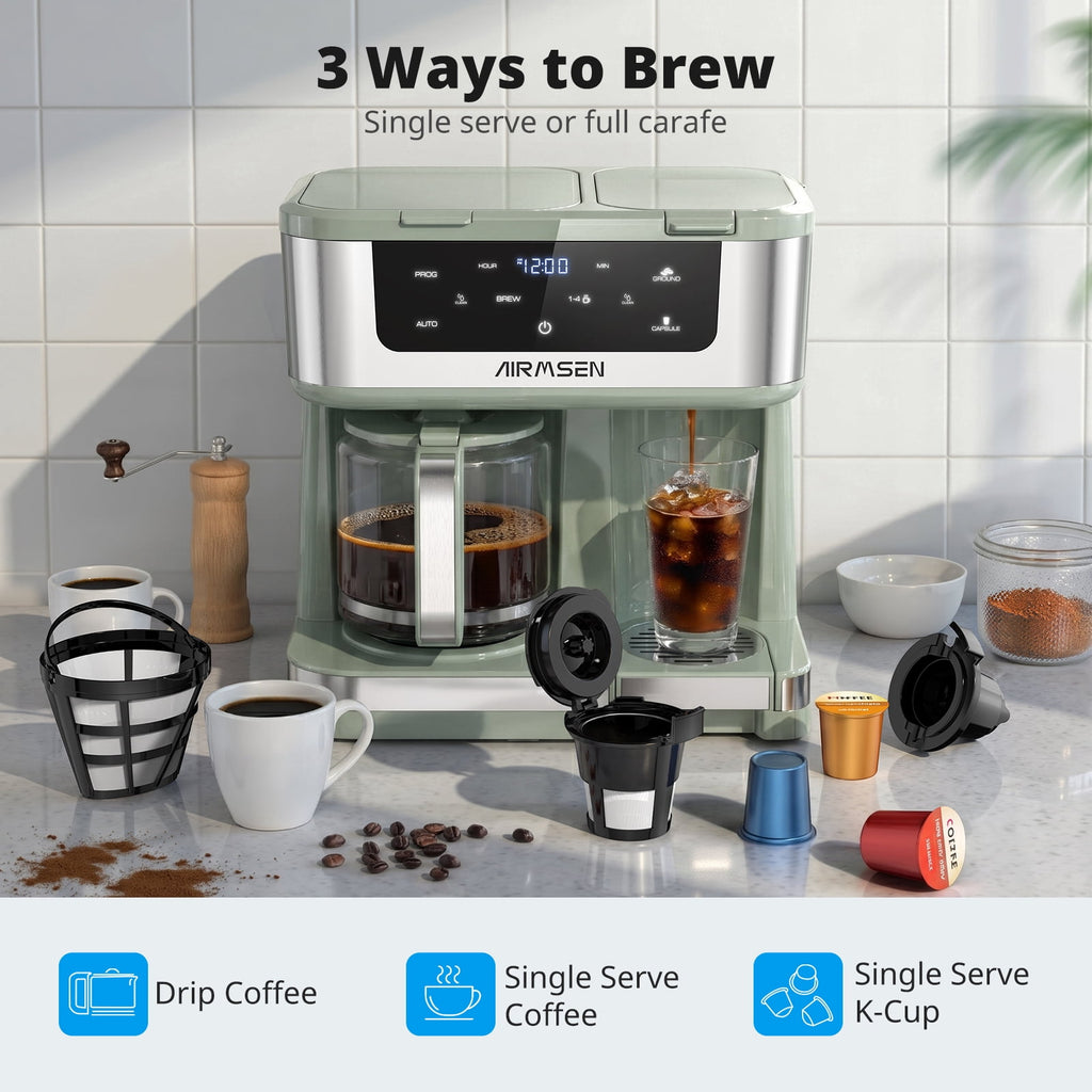 AIRMSEN 12-Cup Drip Coffee Maker with K Cup Combo, Programmable Coffee Machine with 1-4 Cup Setting, Single Serve or Coffee Pot, Auto Shut-off, Spill-Free Spout