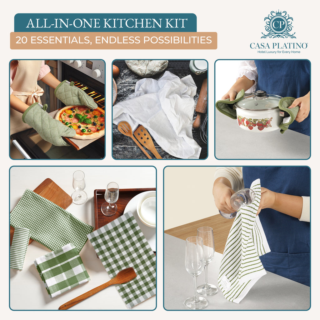 20 Piece Kitchen Towel Set - Cotton Dish Towels, Heat Resistant Kitchen Mittens and Pot Holder Set, Apron for Women with Pockets , Absorbent Dish Towels for Kitchen Drying - Olive