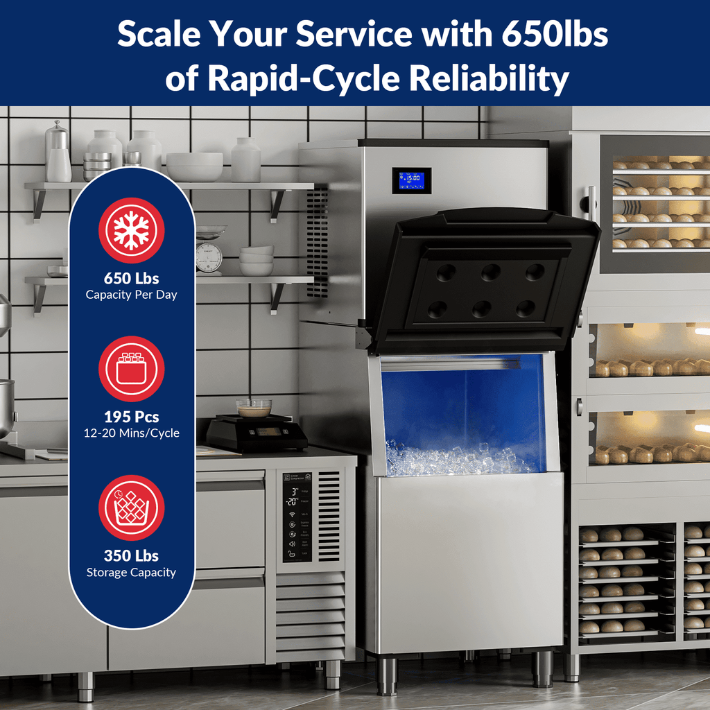 RIOXC Commercial Ice Maker Machine 650LBS/24H with 350LBS Bin, Split Clear Nugget Ice Makers, Fast Ice Maker Ice-Ready in 8-15mins for Restaurant Bar Hotel