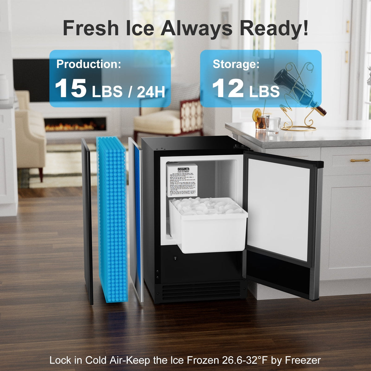 OUTBID 15" Under Counter Ice Maker Drainless, 25 lbs/24H Crescent Ice Machine with 22 lbs Storagefor Home Bar Kitchen Commercial, ETL