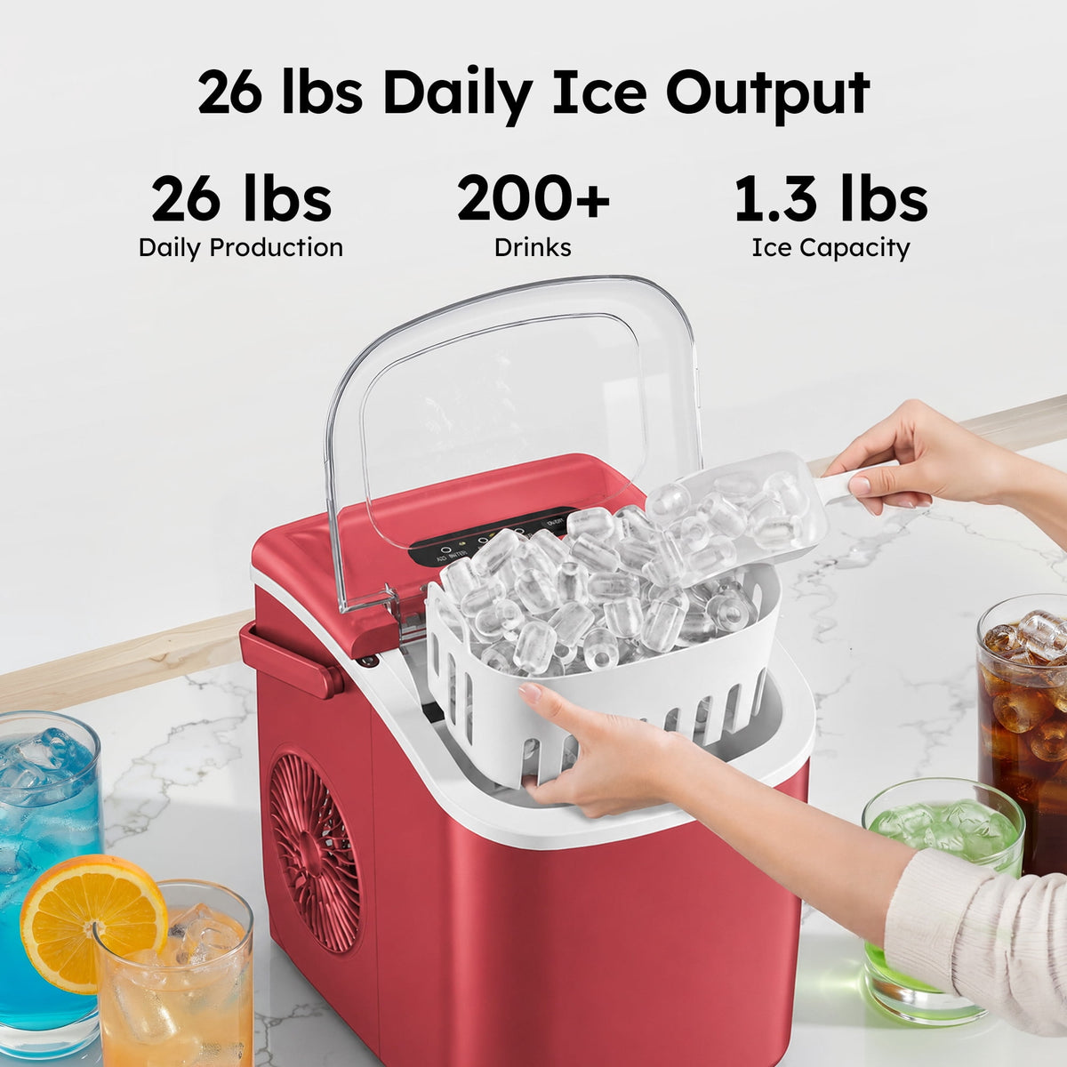 Simzlife Countertop Ice Maker, 26 Lbs/24H, 9 Bullet-Shaped Ice Cubes in 6 Minutes, Auto-Cleaning Ice Machine, Black