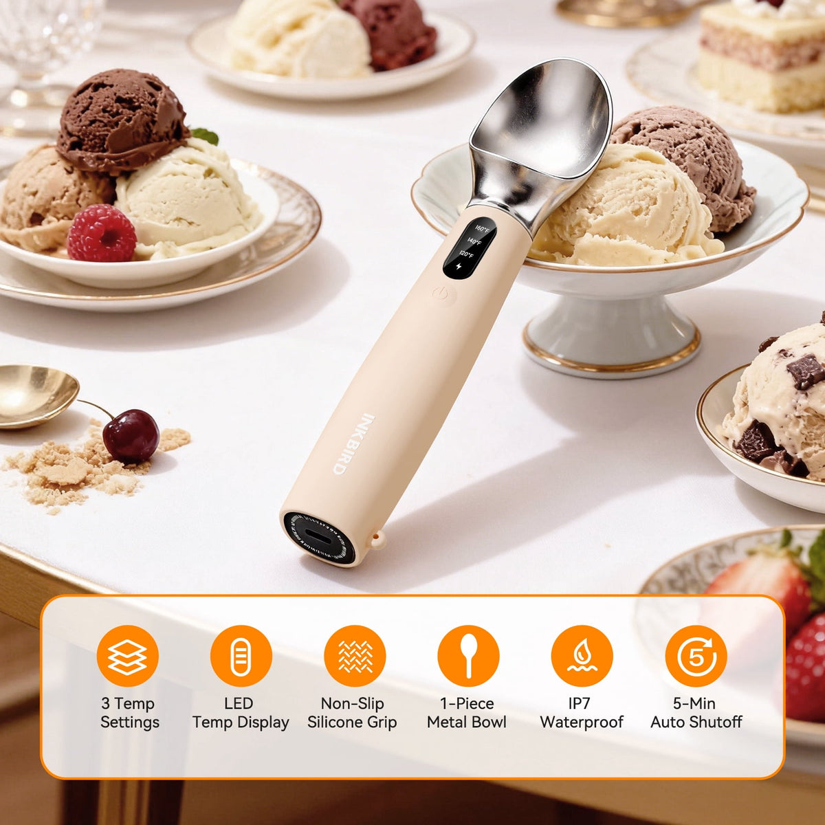 Heated Ice Cream Scoop Rapid Heating Food Grade Stainless Steel 3-Level Temperature Control Waterproof, Effortless Scooping for Seniors, Kids & Women