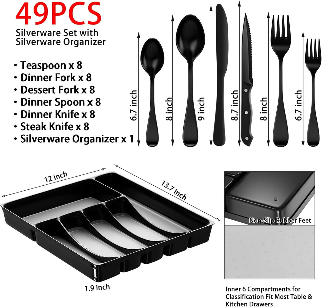 49-Piece Silverware Set with Flatware Drawer Organizer, Durable Stainless Steel Cutlery Set for 8, Mirror Polished Kitchen Utensils Tableware Service with Steak Knives Dinner Fork Knife Spoon & Tray