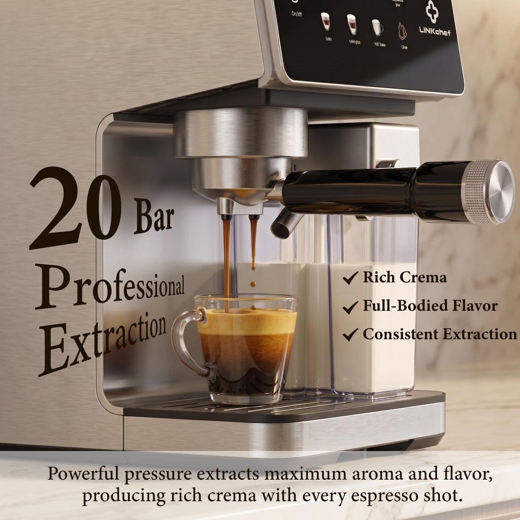 LINKChef Espresso Coffee Machine Maker with Milk Frother Semi-Automatic Cappuccino and Latte Machine for Home, Stainless Steel