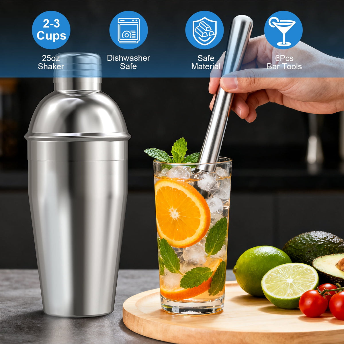 TINANA 6 PCS Cocktail Shaker Set, 25oz Shaker, Strainer, Muddler, Jigger, Mixing Spoon, Pour Spout, Stainless Steel Bartender Kit, Perfect for Home, Bar, or Gift