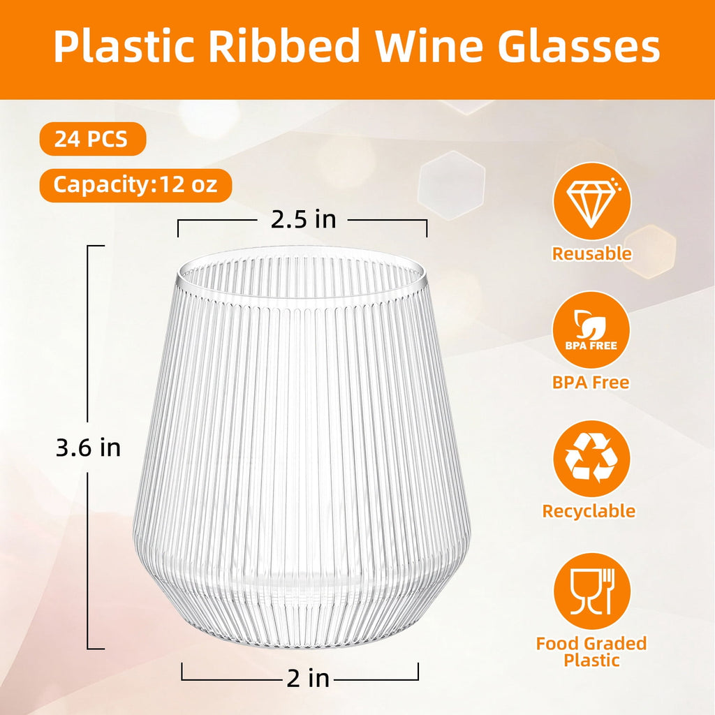 TINANA 12 oz Clear Ribbed Plastic Wine Glasses, 24 PCS Stemless Origami Ripple Disposable Champagne and Whiskey Glasses, Reusable Drinkware for Weddings & Parties