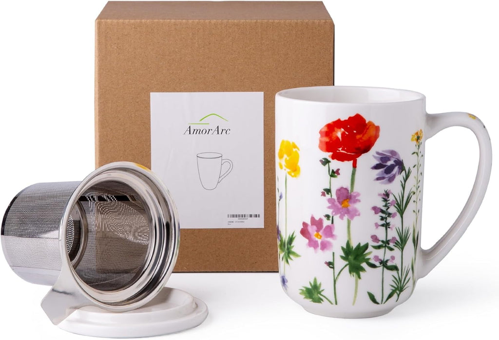 AmorArc Porcelain Tea Mug with Infuser and Lids, 18 Oz Cup Strainer Bag Holder for Loose Leaf Tea, Steeping Coffee Well-wrapped Box House-warming Wedding Birthday Gift, YelloRed