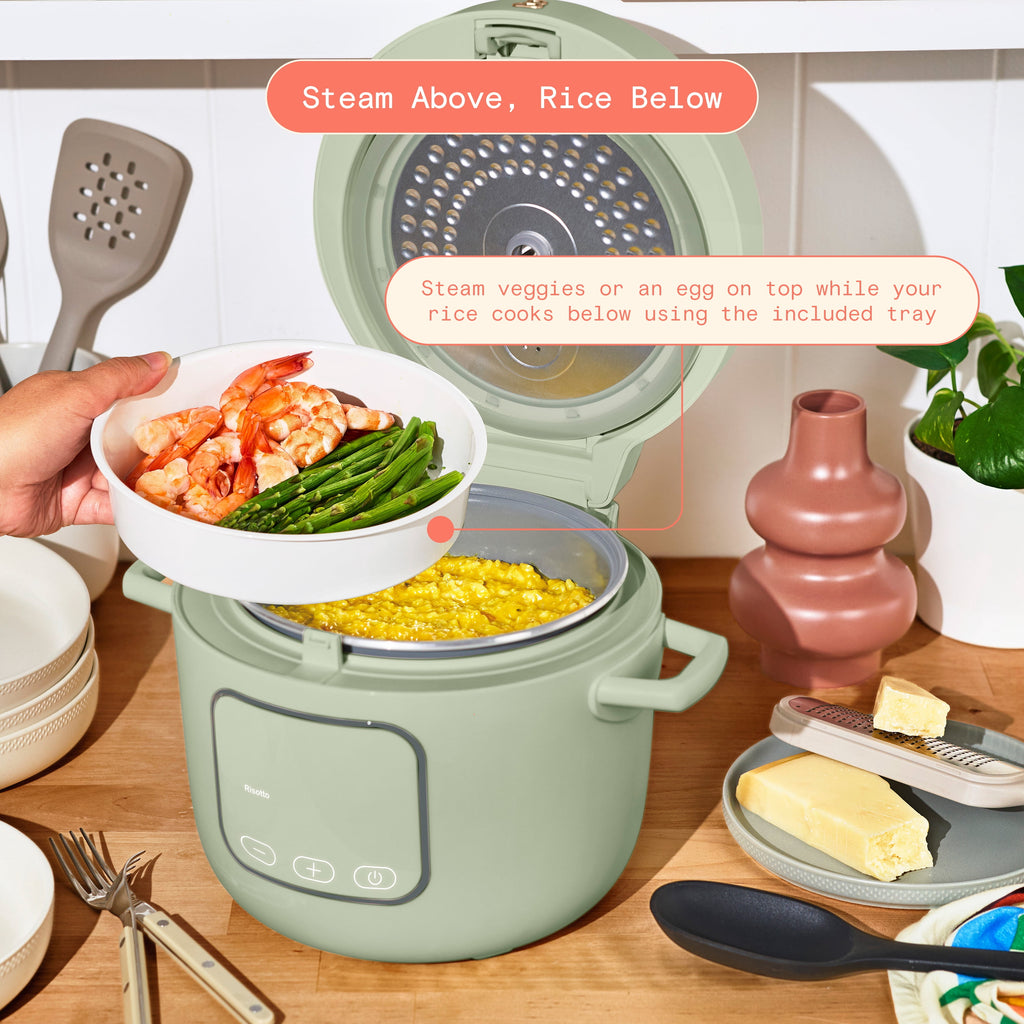 Beautiful 14-Cup Cooked, 6-Cups Uncooked Electric Rice and Grain Cooker, EverGood Ceramic Nonstick Coating, Thyme Green by Drew Barrymore