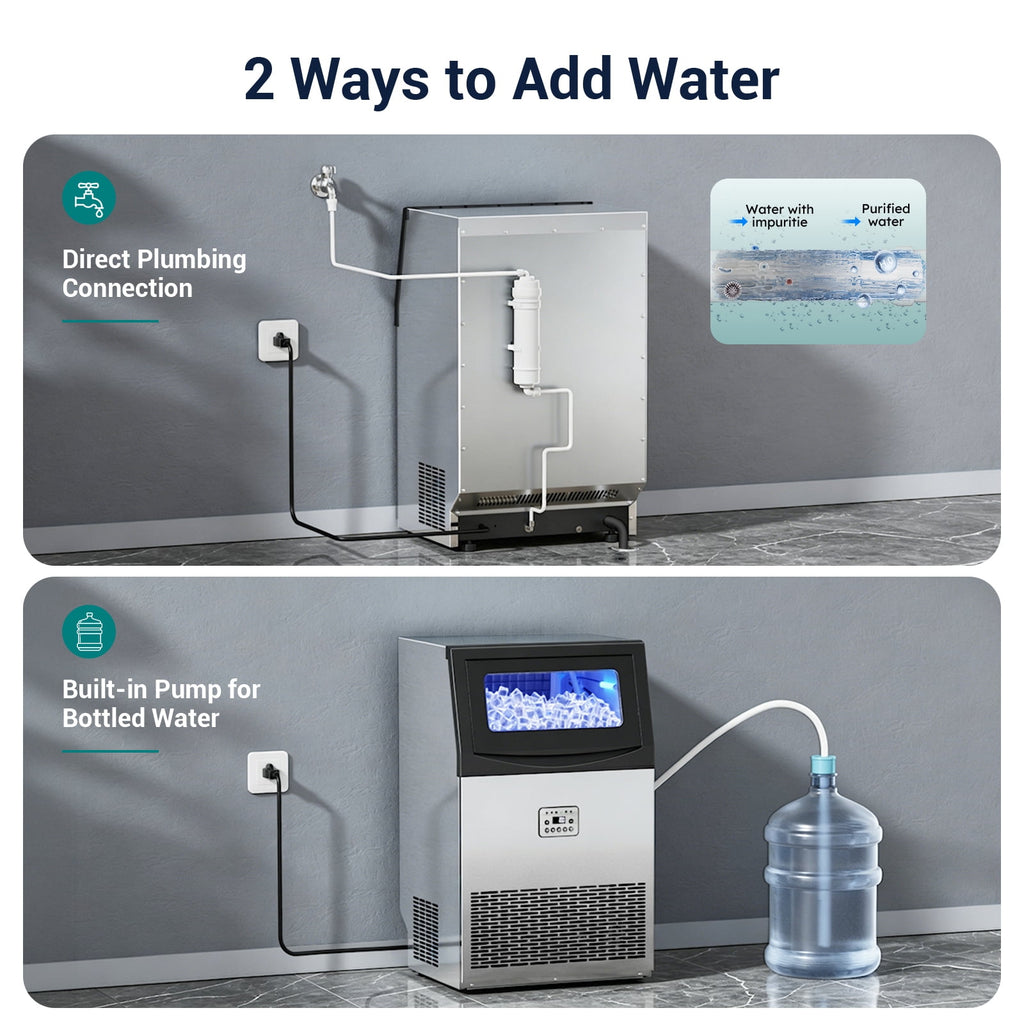 Ecojoy Commercial Ice Maker Machine 200Lbs/24H, 50Lbs Storage Bin, Freestanding & Under Counter Ice Maker | 55 Ice Cubes in 5-15 min | Thicknesses Adjustable | Commercial Ice Machine, Stainless Steel