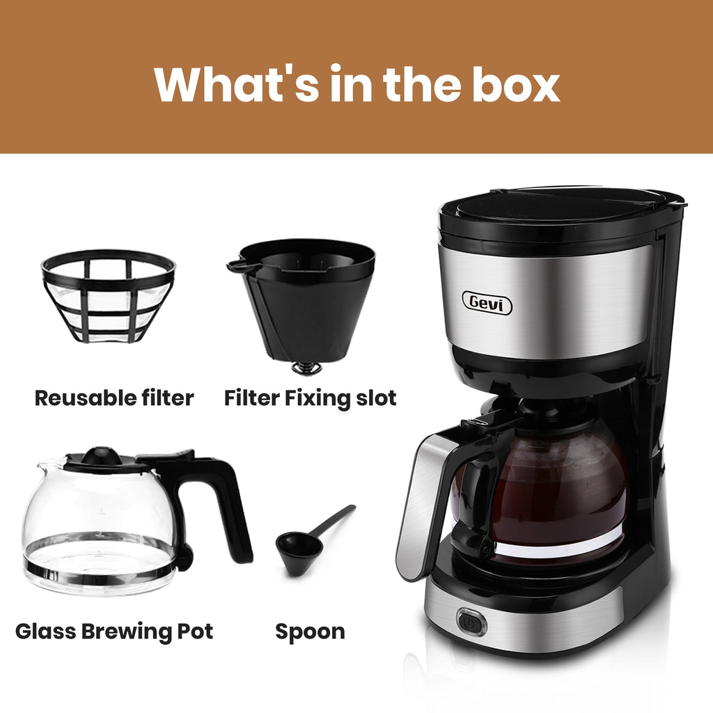 Gevi 4-Cup Compact Drip Coffee Maker with Reusable Filter & Warming Plate, Black