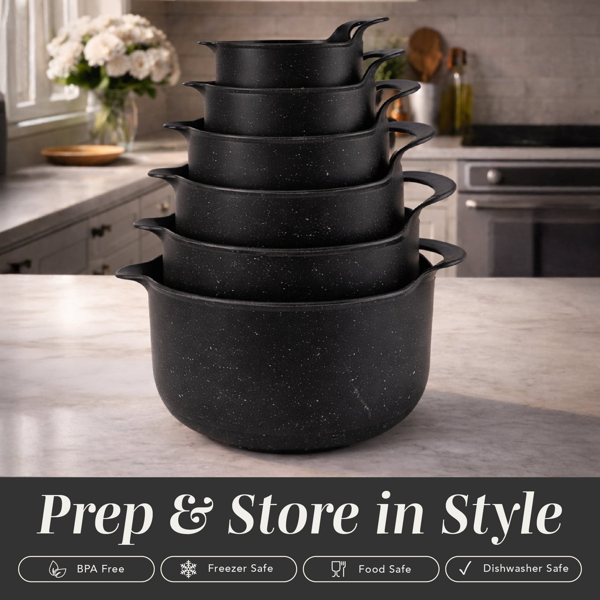 COOK WITH COLOR Mixing Bowls Set, 4-Piece Non-Slip Mixing Bowls with Pour Spouts & Handles, Black Speckled