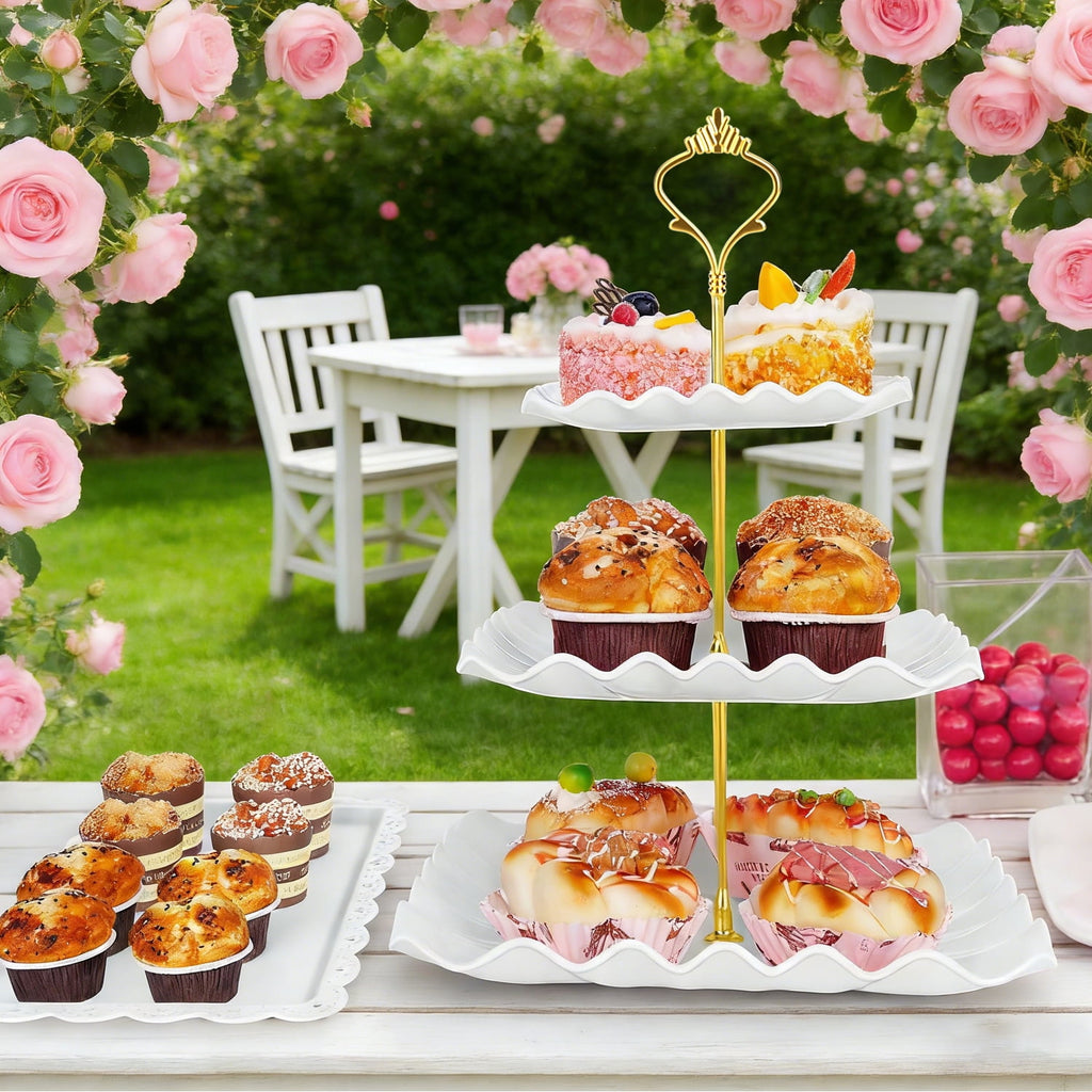 TINANA 5 Pack Dessert Table Display Set, 3-Tier Cupcake Stands & 3 Rectangular Serving Trays, White Plastic Cupcake Tower for Birthday, Baby Shower & Wedding