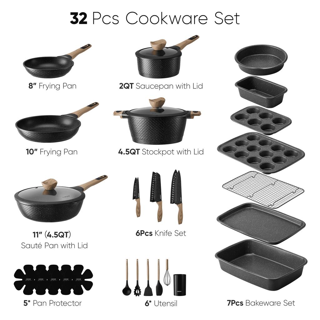 CAROTE 19-Piece Ceramic Pots and Pans Set, Nonstick Cookware Set with Lids, Induction Compatible, Oatmeal