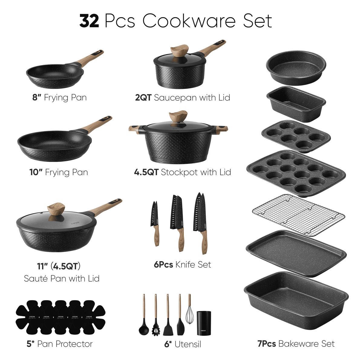 CAROTE 19-Piece Ceramic Pots and Pans Set, Nonstick Cookware Set with Lids, Induction Compatible, Oatmeal