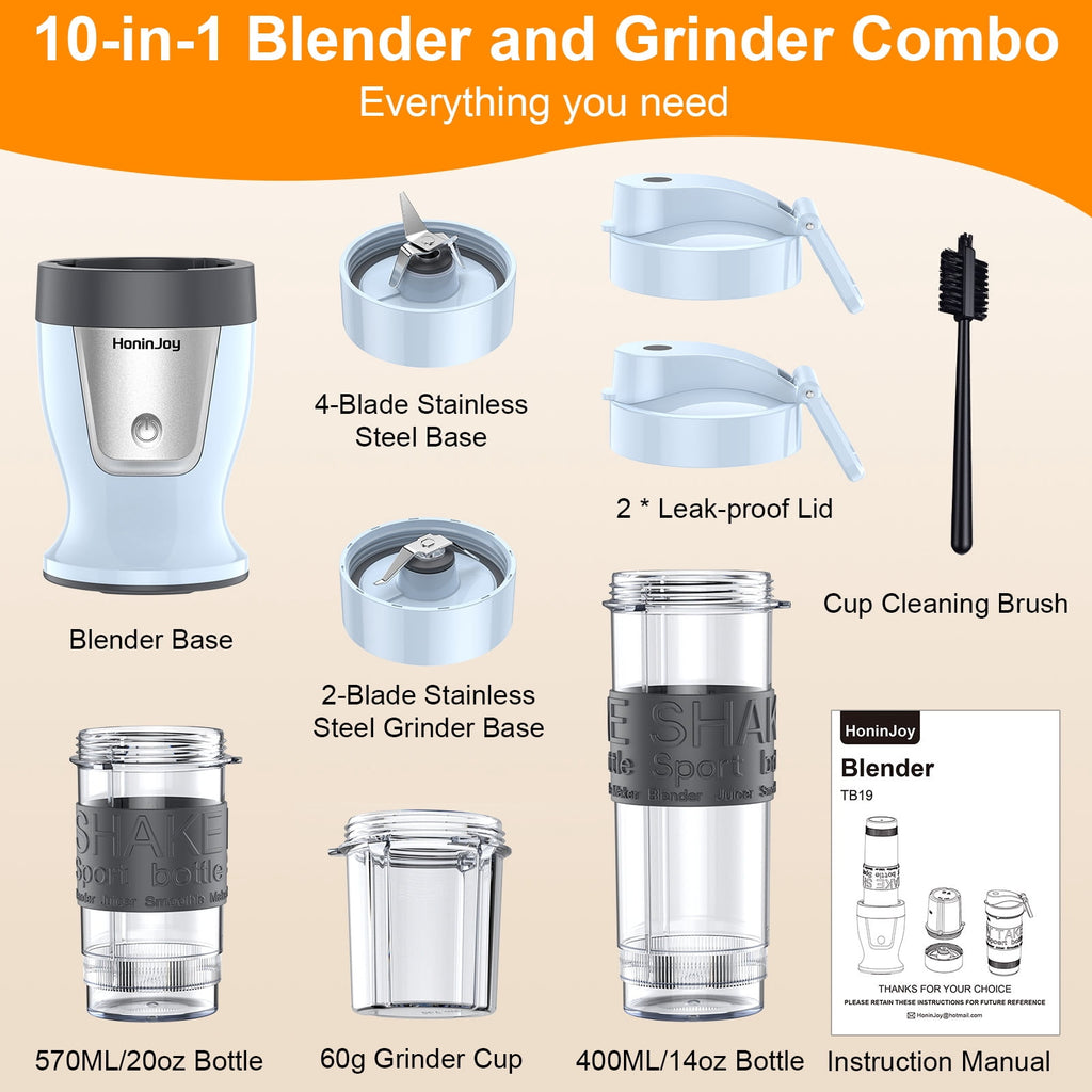 HoninJoy Portable Blender, Compact Personal Blender for-Smoothies, Shakes, Food Prep, and Frozen Blending, 20-oz. Cups and Spout Lids, Grinding Cup