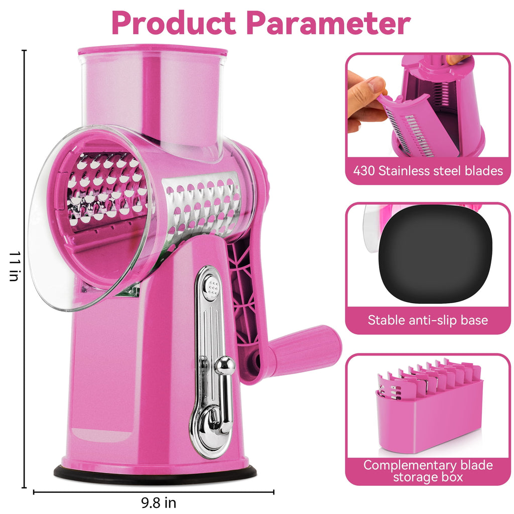 Pukomc Rotary Cheese Grater with Handle- 5 Blades, Suction Base, Mandoline Slicer & Veg Shredder with Blade Storage Box(Green)